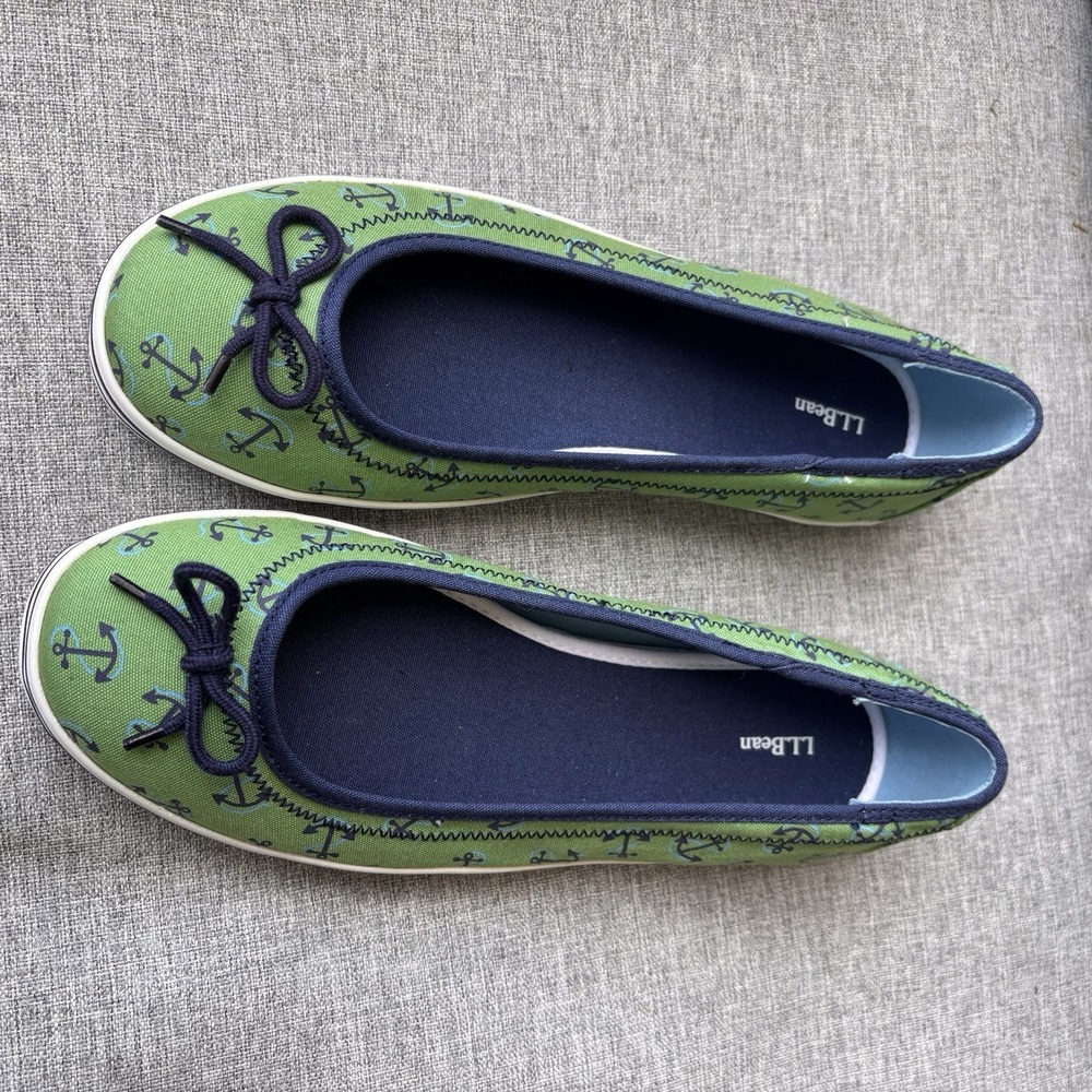 L.L. Bean Women's 8W Boat Sneaker Shoes Canvas Green Blue Nautical Anchors - Picture 2 of 14